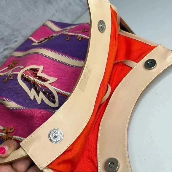 Sharif Marc & Marc Striped Beaded Floral Patch Large Leather/Canvas Tote Bag - Picture 5 of 15